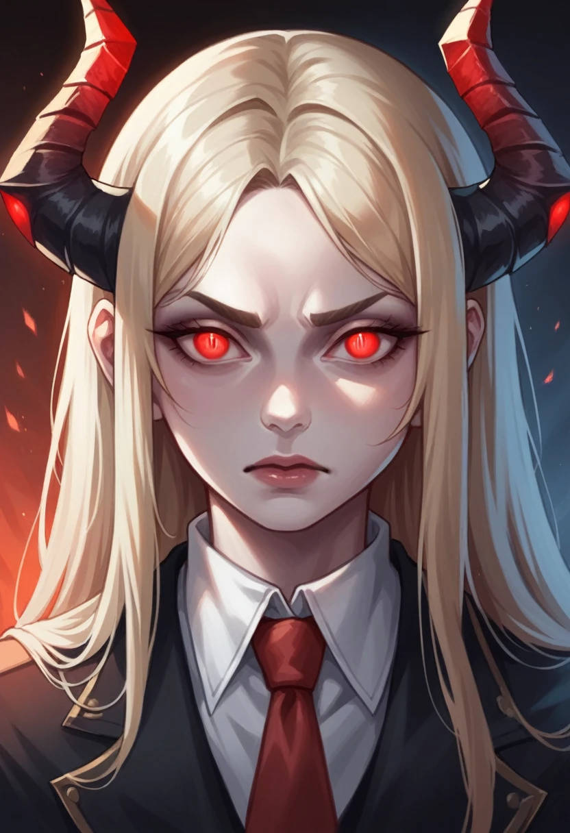 a dark and brooding portrait of Lucifer Morningstar, the Devil and ruler of the infernal realms, with glowing red eyes, sharp facial features, and an intense, commanding presence, wearing a black suit with a red tie, set against a dark, dramatic background with hints of hellfire and brimstone, in a photorealistic style with realistic lighting and textures