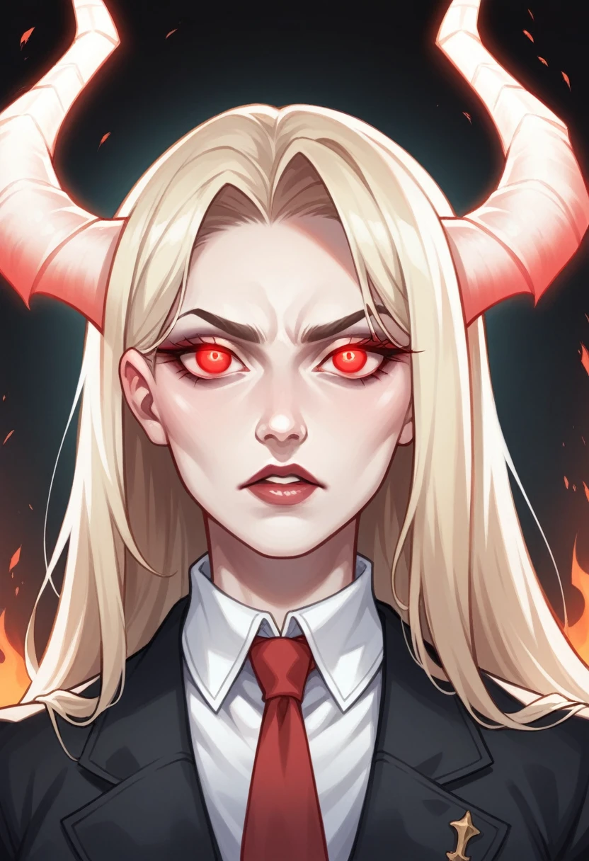 a dark and brooding portrait of Lucifer Morningstar, the Devil and ruler of the infernal realms, with glowing red eyes, sharp facial features, and an intense, commanding presence, wearing a black suit with a red tie, set against a dark, dramatic background with hints of hellfire and brimstone, in a photorealistic style with realistic lighting and textures
