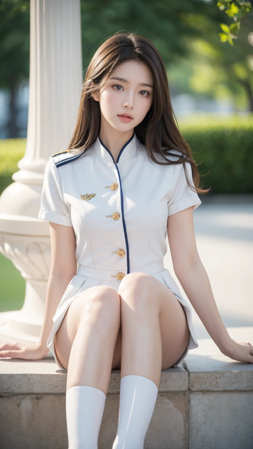 Best quality, high detail, high resolution, HD, 16k, short brunette girl front full body closeup, suit uniform, super clear, flawless delicate face, beautiful, delicate and clear eyes, neat and clean uniform, real and detailed clothing texture, Women black bootslooking at screen, simple outdoor background, Blurred background