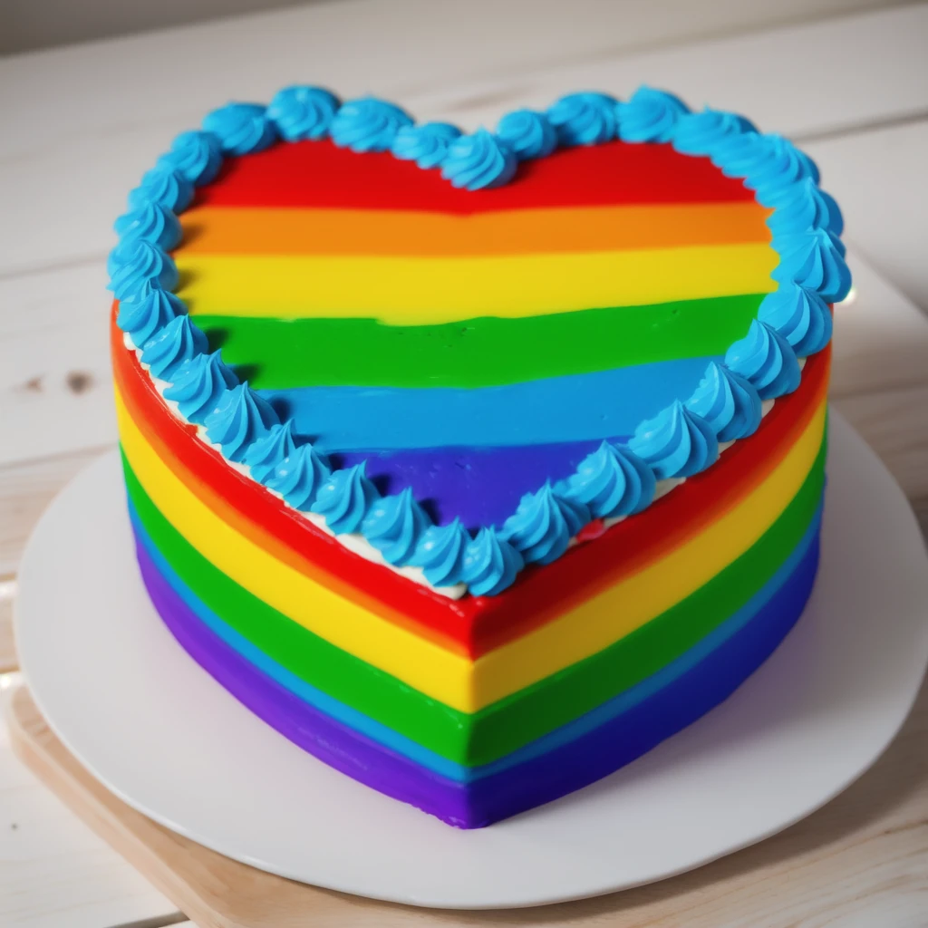 on a wooden table, worth a heart shaped cake, rainbow gradient cream cake, Cream cake , cream texture, Realistic style, realistic texture, bright lighting, high quality, detailed texture, Beautiful light from the window, beautiful lighting, high detail, ultra 4k hd