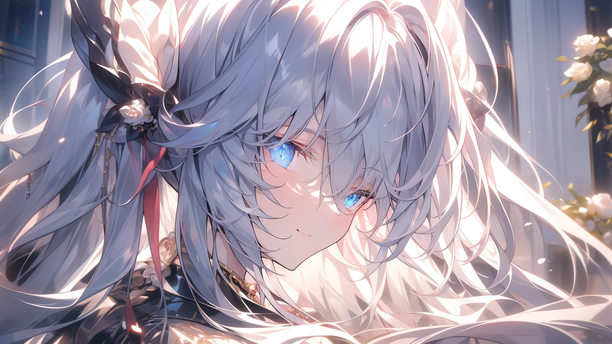 A teenage girl,Wilted roses,Gothic,White hair,Hyper-Resolution,Accuracy,detail render,(Delicate Face Portrayal)(Fine hair depiction)(Best quality at best)(tmasterpiece)(High degree of completion)(a sense of atmosphere)tmasterpiece,ultra - detailed(bust)style of anime