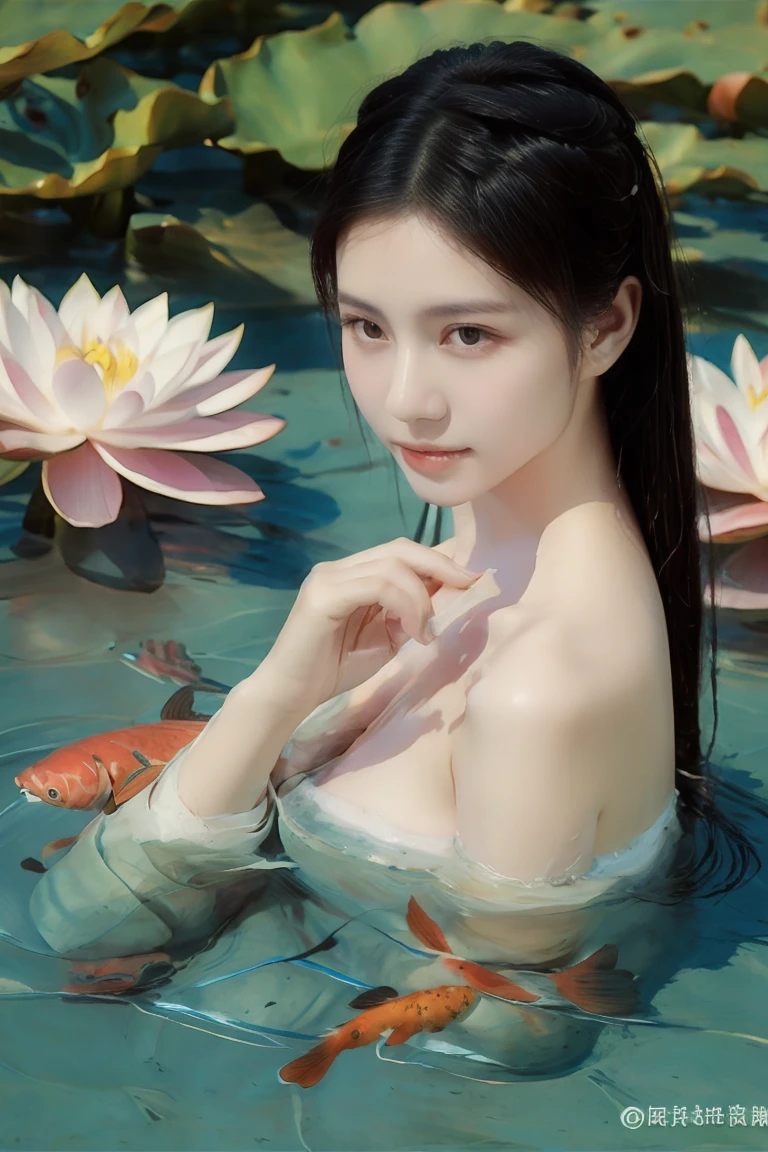 Realistic 16K resolution photography of  chinese girl, Exquisitely perfect symmetric very gorgeous face, Exquisite delicate crystal clear skin, Detailed beautiful delicate eyes, perfect slim body shape, slender and beautiful fingers, nice hands, perfect hands, illuminated by film grain, realistic skin, dramatic lighting, soft lighting, exaggerated perspective of ((Wide-angle lens depth)), a vibrant koi fish pond with colorful koi swimming gracefully. Use traditional Japanese oil paint techniques, highlighting the fluid motion of the fish and the ripples in the water, with lotus flowers and lily pads adding to the scene. ,tattoo,in the style of arrebola,tattoos,artistic oil painting stick,oil paint ,rough,Circle,Oil painting of Mona Lisa