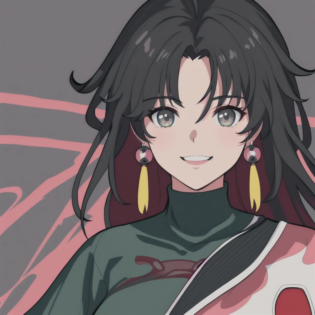 anime girl, smiling, black hair, white highlights, jianxin, wuthering waves, jianxin wuthering waves, grey eyes, green shirt, 1girl, masterpiece, (beautiful and aesthetic:1. 5), thick black lineart, clean lineart, perfect lineart, variable lineart, thick lineart, clean anime outlines, intense line art, bold lineart, sharp lineart, heavy lineart, line art, best quality, high quality, high details, super detail, best quality, ultra-detailed, colourful, saturated colours, dynamic lighting, HD,