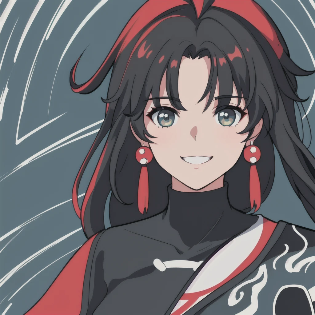 anime girl, smiling, black hair, white highlights, jianxin, wuthering waves, jianxin wuthering waves, grey eyes, green shirt, 1girl, masterpiece, (beautiful and aesthetic:1. 5), thick black lineart, clean lineart, perfect lineart, variable lineart, thick lineart, clean anime outlines, intense line art, bold lineart, sharp lineart, heavy lineart, line art, best quality, high quality, high details, super detail, best quality, ultra-detailed, colourful, saturated colours, dynamic lighting, HD,
