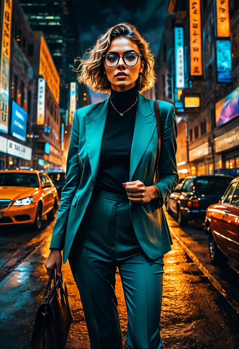 Wearing Glasses, full body, by Sybil Andrews, dramatic composition, cinematic dynamic action scene, vibrant colors, cinematic lighting, dramatic lighting, best quality, masterpiece, very aesthetic, perfect composition, intricate details, ultra-detailed