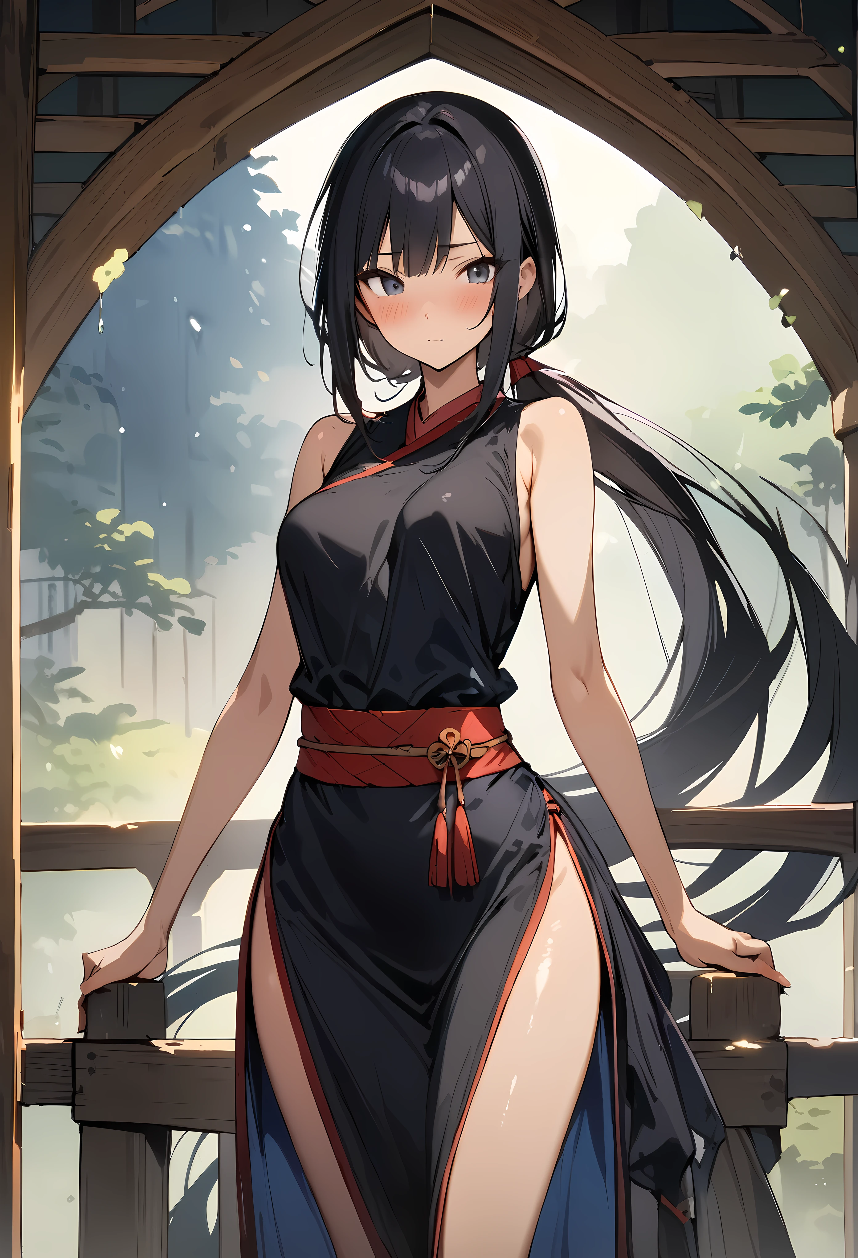 ((masterpiece,Highest quality;1.3,best illustration)),cowboy shot,1woman、独奏,30 year old beauty,((very small head:1.3)),black hair,(low ponytail),long hair,bangs,black eyes,gorgeous eyes,blush,medium breasts,(very long body:1.3),(toned body,slender body,skinny),gleaming skin,shiny skin,oily skin,((Female Ninja Costume))、No sleeve,Side slits,Black kimono、medieval Japan、