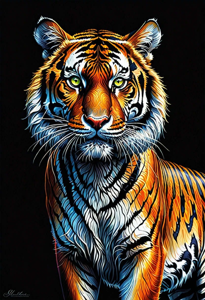A mesmerizing dark fantasy illustration of a captivatingly detailed tiger, its intense and striking stripes popping against a dark canvas background. The tiger's hypnotic, glowing eyes draw the viewer into the painting. The vibrant colors of the tiger's fur contrast dramatically with the black background, creating a stunning visual effect that is both eerie and beautiful. The overall atmosphere of the illustration is intense and enchanting, leaving a lasting impression on the viewer., illustration, dark fantasy, vibrant