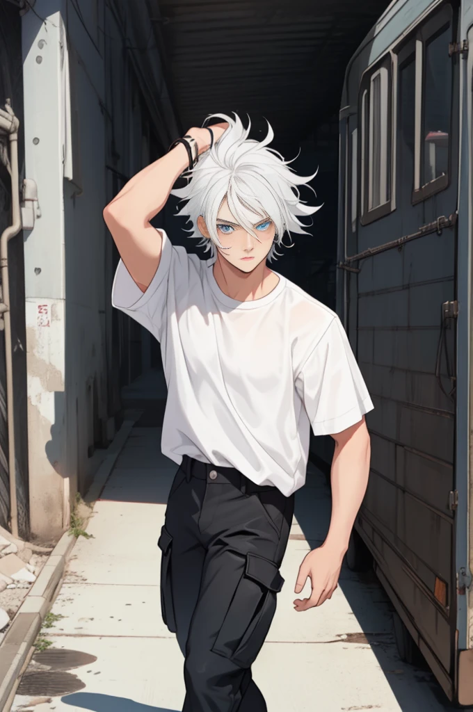 A boy, naughty man, adolescent, white hair, blue colored eyes, posing, Wearing a white shirt over black and black cargo pants, with messy hair