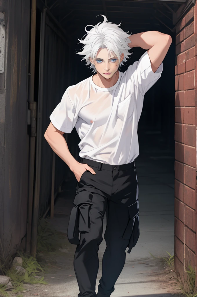 A boy, naughty man, adolescent, white hair, blue colored eyes, posing, Wearing a white shirt over black and black cargo pants, with messy hair