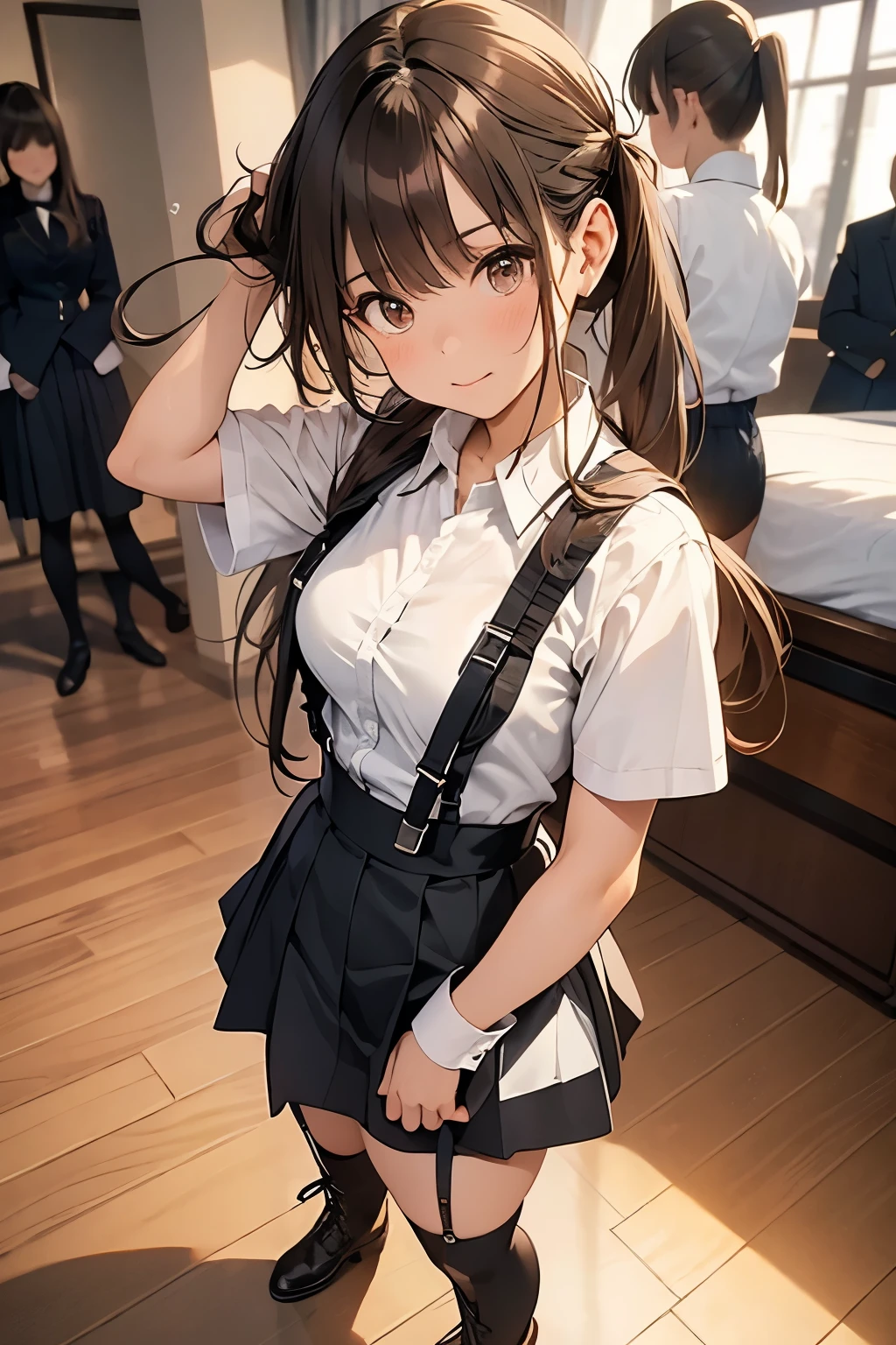 Brown Hair、Looking at the audience　　suspenders　　　bulging big breasts　　 　 　　　　Black mini skirt　garter belt　Knee-high socks　　　　　　sight　　　Small face　bangs 　　　　　beauty　　Show your hand　　 　sight 　Black boots 　Taunt　　Armpit sweat　One person 　　Put your hands behind your back　Dress shirt　　Panty shot　hazy consciousness　Taunt　ponytail　Inside the Hotel