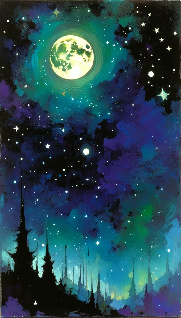 magic, fantastic, night sky, moon, stars, background, (simple oil painting in a style to Bill Sienkiewicz)