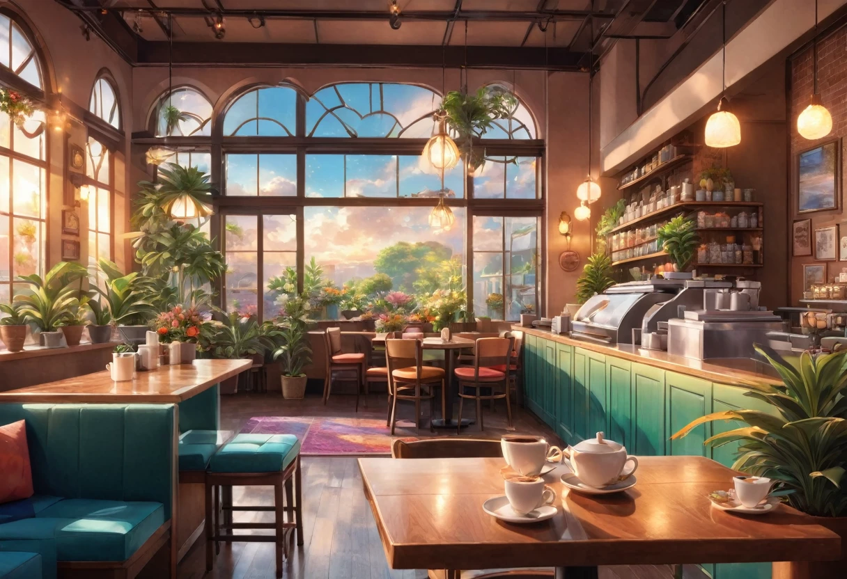 Anime-style, the interior of a coffee shop is illustrated with intricate details and vibrant colors. Delicate steam rises from the hot cappuccino coffee on the table, seats are with soft and colorful cushions, a lot of potted plants, adding to the cozy and inviting atmosphere. Soft lighting casts a warm and beautiful glow over the dreamy scene, it's evening time, making it an ideal place to unwind and escape reality. (Prompt B and C) Anime-style coffee shop interior, hot coffee steaming on the table, creating a cozy, beautiful and dreamy ambiance. (High resolution, 8k) Super detailed anime illustration of a coffee shop interior, showcasing a hot cup of coffee on a table, evoking a warm and cozy