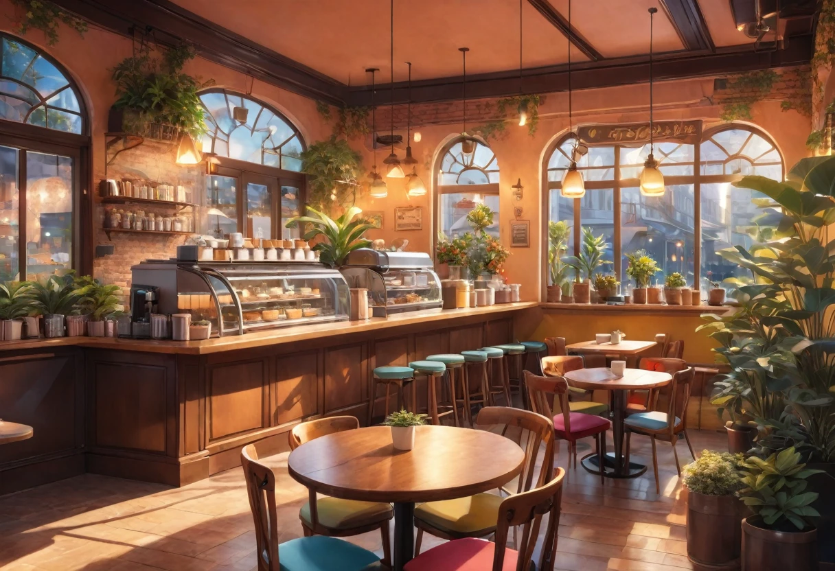 Anime-style, the interior of a coffee shop is illustrated with intricate details and vibrant colors. Delicate steam rises from the hot cappuccino coffee on the table, seats are with soft and colorful cushions, a lot of potted plants, adding to the cozy and inviting atmosphere. Soft lighting casts a warm and beautiful glow over the dreamy scene, it's evening time, making it an ideal place to unwind and escape reality. (Prompt B and C) Anime-style coffee shop interior, hot coffee steaming on the table, creating a cozy, beautiful and dreamy ambiance. (High resolution, 8k) Super detailed anime illustration of a coffee shop interior, showcasing a hot cup of coffee on a table, evoking a warm and cozy