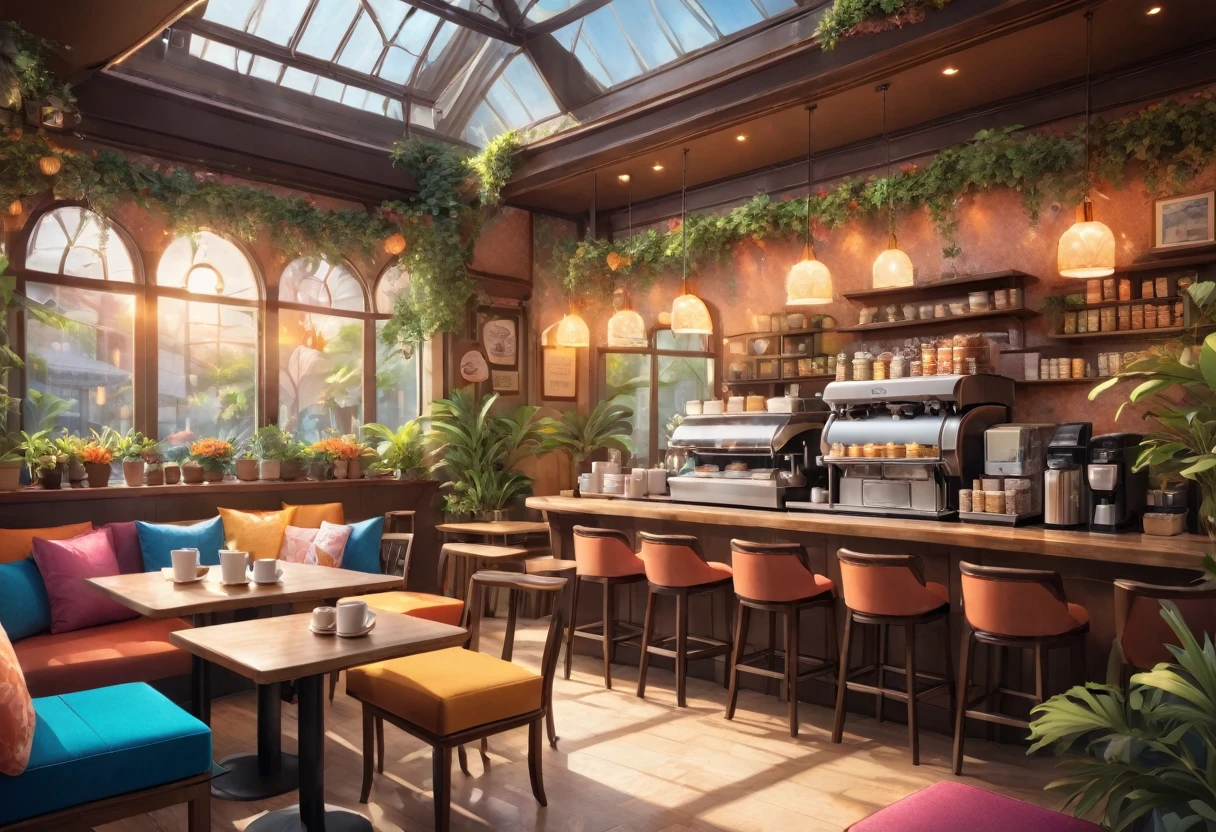 Anime-style, the interior of a coffee shop is illustrated with intricate details and vibrant colors. Delicate steam rises from the hot cappuccino coffee on the table, seats are with soft and colorful cushions, a lot of potted plants, adding to the cozy and inviting atmosphere. Soft lighting casts a warm and beautiful glow over the dreamy scene, it's evening time, making it an ideal place to unwind and escape reality. (Prompt B and C) Anime-style coffee shop interior, hot coffee steaming on the table, creating a cozy, beautiful and dreamy ambiance. (High resolution, 8k) Super detailed anime illustration of a coffee shop interior, showcasing a hot cup of coffee on a table, evoking a warm and cozy