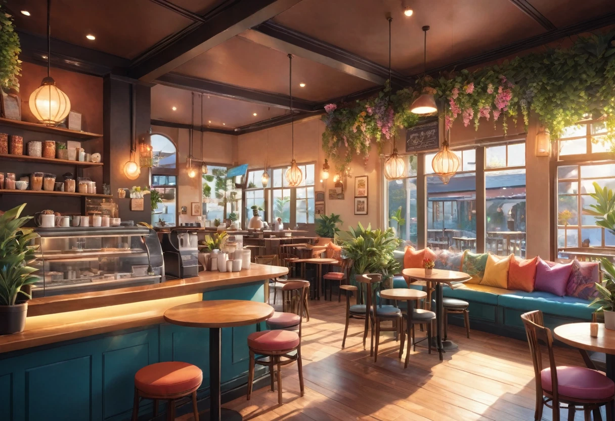 Anime-style, the interior of a coffee shop is illustrated with intricate details and vibrant colors. Delicate steam rises from the hot cappuccino coffee on the table, seats are with soft and colorful cushions, a lot of potted plants, adding to the cozy and inviting atmosphere. Soft lighting casts a warm and beautiful glow over the dreamy scene, it's evening time, making it an ideal place to unwind and escape reality. (Prompt B and C) Anime-style coffee shop interior, hot coffee steaming on the table, creating a cozy, beautiful and dreamy ambiance. (High resolution, 8k) Super detailed anime illustration of a coffee shop interior, showcasing a hot cup of coffee on a table, evoking a warm and cozy