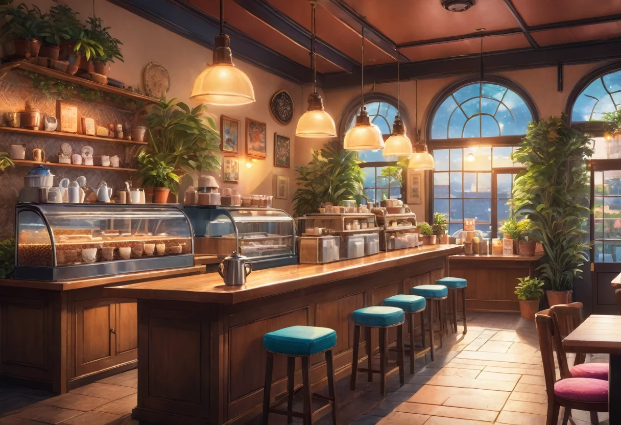 Anime-style, the interior of a coffee shop is illustrated with intricate details and vibrant colors. Delicate steam rises from the hot cappuccino coffee on the table, seats are with soft and colorful cushions, a lot of potted plants, adding to the cozy and inviting atmosphere. Soft lighting casts a warm and beautiful glow over the dreamy scene, it's evening time, making it an ideal place to unwind and escape reality. (Prompt B and C) Anime-style coffee shop interior, hot coffee steaming on the table, creating a cozy, beautiful and dreamy ambiance. (High resolution, 8k) Super detailed anime illustration of a coffee shop interior, showcasing a hot cup of coffee on a table, evoking a warm and cozy