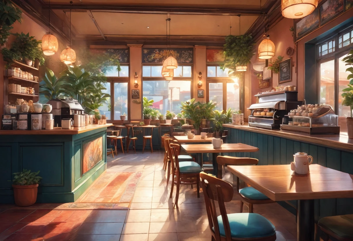 Anime-style, the interior of a coffee shop is illustrated with intricate details and vibrant colors. Delicate steam rises from the hot cappuccino coffee on the table, seats are with soft and colorful cushions, a lot of potted plants, adding to the cozy and inviting atmosphere. Soft lighting casts a warm and beautiful glow over the dreamy scene, it's evening time, making it an ideal place to unwind and escape reality. (Prompt B and C) Anime-style coffee shop interior, hot coffee steaming on the table, creating a cozy, beautiful and dreamy ambiance. (High resolution, 8k) Super detailed anime illustration of a coffee shop interior, showcasing a hot cup of coffee on a table, evoking a warm and cozy