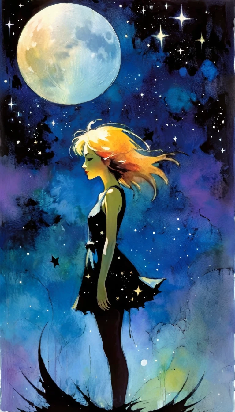magic, fantastic, night sky, moon, stars, background, (simple oil painting in a style to Bill Sienkiewicz)