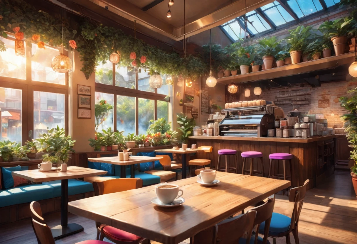 Anime-style, the interior of a coffee shop is illustrated with intricate details and vibrant colors. Delicate steam rises from the hot cappuccino coffee on the table, seats are with soft and colorful cushions, a lot of potted plants, adding to the cozy and inviting atmosphere. Soft lighting casts a warm and beautiful glow over the dreamy scene, it's evening time, making it an ideal place to unwind and escape reality. (Prompt B and C) Anime-style coffee shop interior, hot coffee steaming on the table, creating a cozy, beautiful and dreamy ambiance. (High resolution, 8k) Super detailed anime illustration of a coffee shop interior, showcasing a hot cup of coffee on a table, evoking a warm and cozy