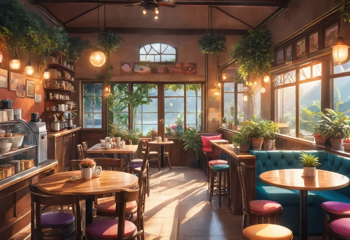Anime-style, the interior of a coffee shop is illustrated with intricate details and vibrant colors. Delicate steam rises from the hot cappuccino coffee on the table, seats are with soft and colorful cushions, a lot of potted plants, adding to the cozy and inviting atmosphere. Soft lighting casts a warm and beautiful glow over the dreamy scene, it's evening time, making it an ideal place to unwind and escape reality. (Prompt B and C) Anime-style coffee shop interior, hot coffee steaming on the table, creating a cozy, beautiful and dreamy ambiance. (High resolution, 8k) Super detailed anime illustration of a coffee shop interior, showcasing a hot cup of coffee on a table, evoking a warm and cozy