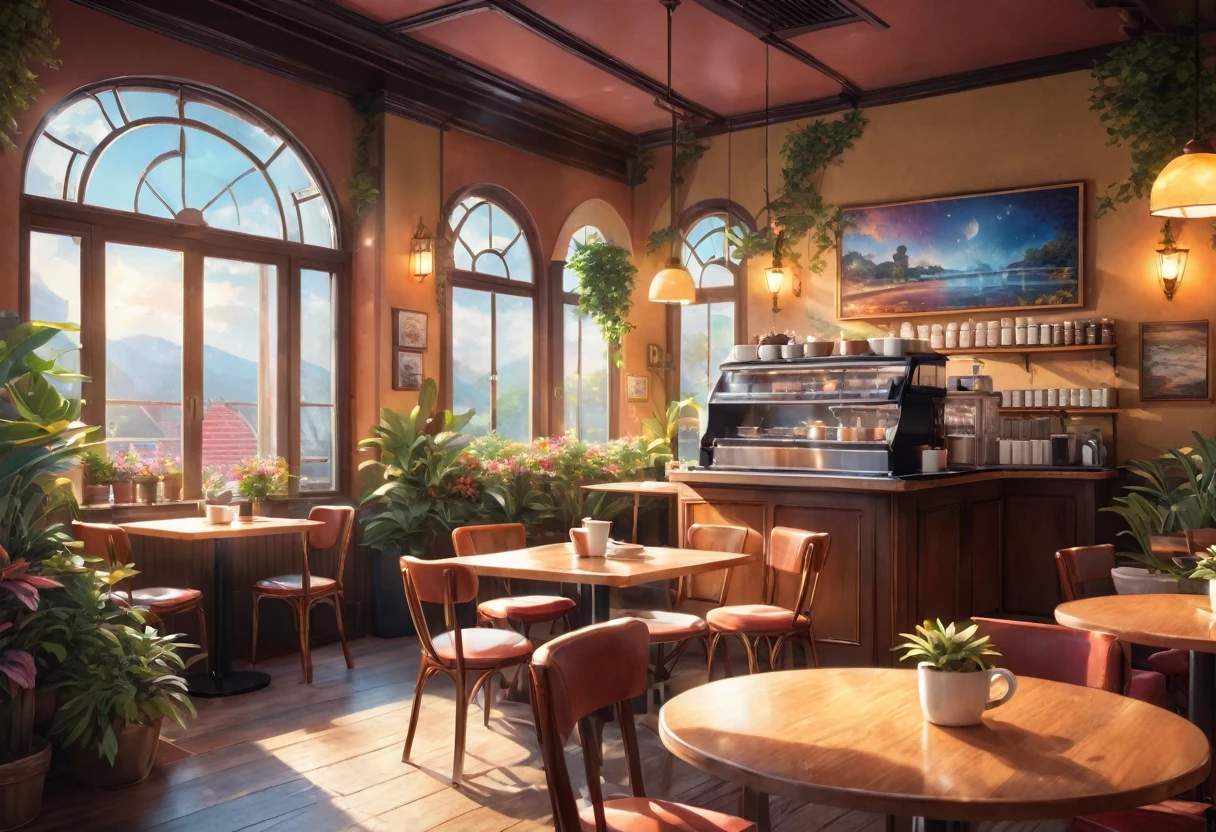 Anime-style, the interior of a coffee shop is illustrated with intricate details and vibrant colors. Delicate steam rises from the hot cappuccino coffee on the table, seats are with soft and colorful cushions, a lot of potted plants, adding to the cozy and inviting atmosphere. Soft lighting casts a warm and beautiful glow over the dreamy scene, it's evening time, making it an ideal place to unwind and escape reality. (Prompt B and C) Anime-style coffee shop interior, hot coffee steaming on the table, creating a cozy, beautiful and dreamy ambiance. (High resolution, 8k) Super detailed anime illustration of a coffee shop interior, showcasing a hot cup of coffee on a table, evoking a warm and cozy