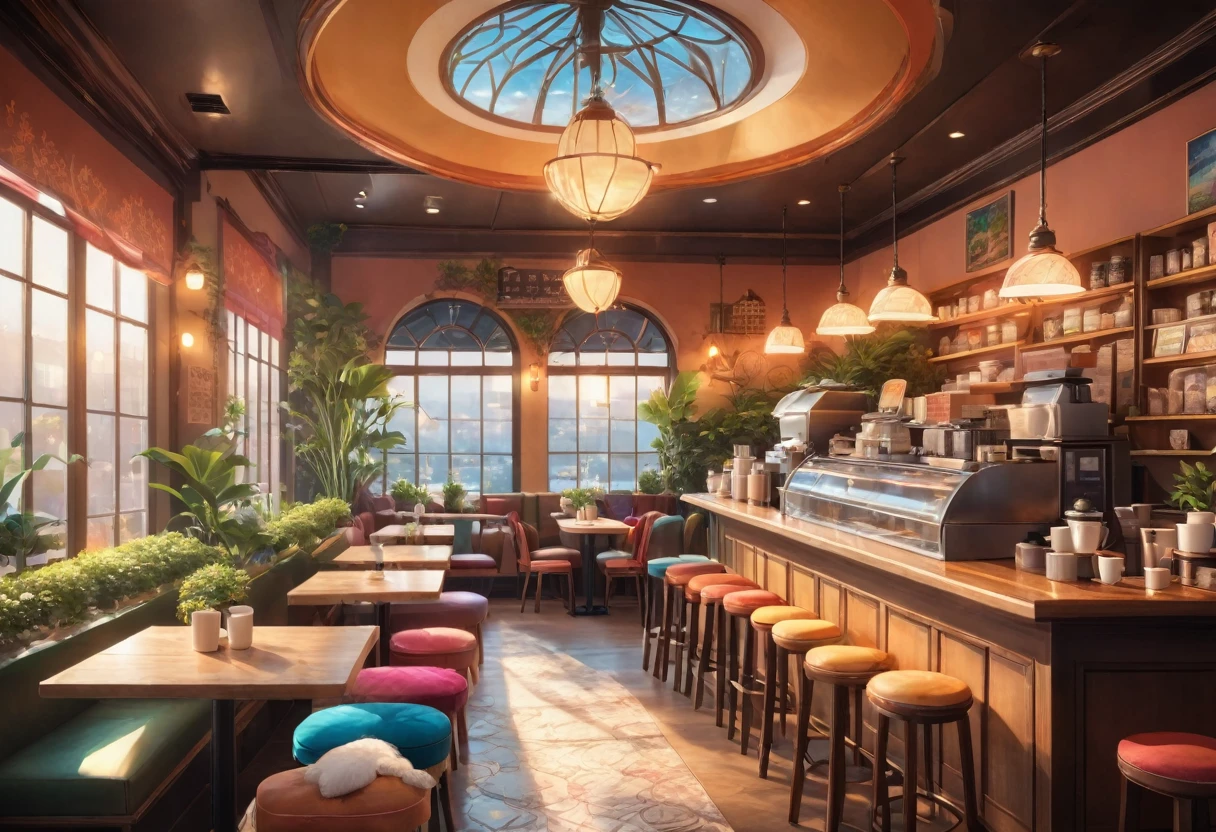 Anime-style, the interior of a coffee shop is illustrated with intricate details and vibrant colors. Delicate steam rises from the hot cappuccino coffee on the table, seats are with soft and colorful cushions, a lot of potted plants, adding to the cozy and inviting atmosphere. Soft lighting casts a warm and beautiful glow over the dreamy scene, it's evening time, making it an ideal place to unwind and escape reality. (Prompt B and C) Anime-style coffee shop interior, hot coffee steaming on the table, creating a cozy, beautiful and dreamy ambiance. (High resolution, 8k) Super detailed anime illustration of a coffee shop interior, showcasing a hot cup of coffee on a table, evoking a warm and cozy