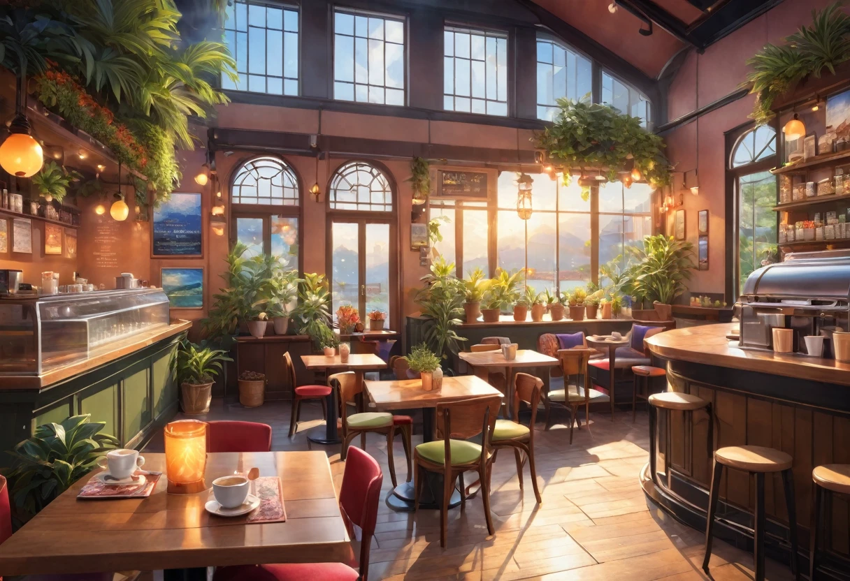 Anime-style, the interior of a coffee shop is illustrated with intricate details and vibrant colors. Delicate steam rises from the hot cappuccino coffee on the table, seats are with soft and colorful cushions, a lot of potted plants, adding to the cozy and inviting atmosphere. Soft lighting casts a warm and beautiful glow over the dreamy scene, it's evening time, making it an ideal place to unwind and escape reality. (Prompt B and C) Anime-style coffee shop interior, hot coffee steaming on the table, creating a cozy, beautiful and dreamy ambiance. (High resolution, 8k) Super detailed anime illustration of a coffee shop interior, showcasing a hot cup of coffee on a table, evoking a warm and cozy