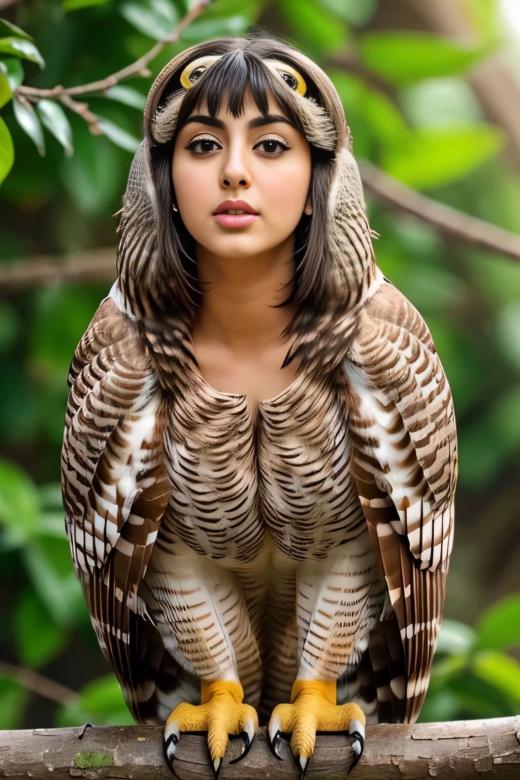 Hansika Motwani is a owl bird, She is a bird but her head looks like girl, from neck to full body looks like owl bird. Owl legs, Owl wings. Bird body, Owl body, perfect picture, perfect bird, real bird, Real head replace with real Owl head. Exact Bird. Colorful Owl.