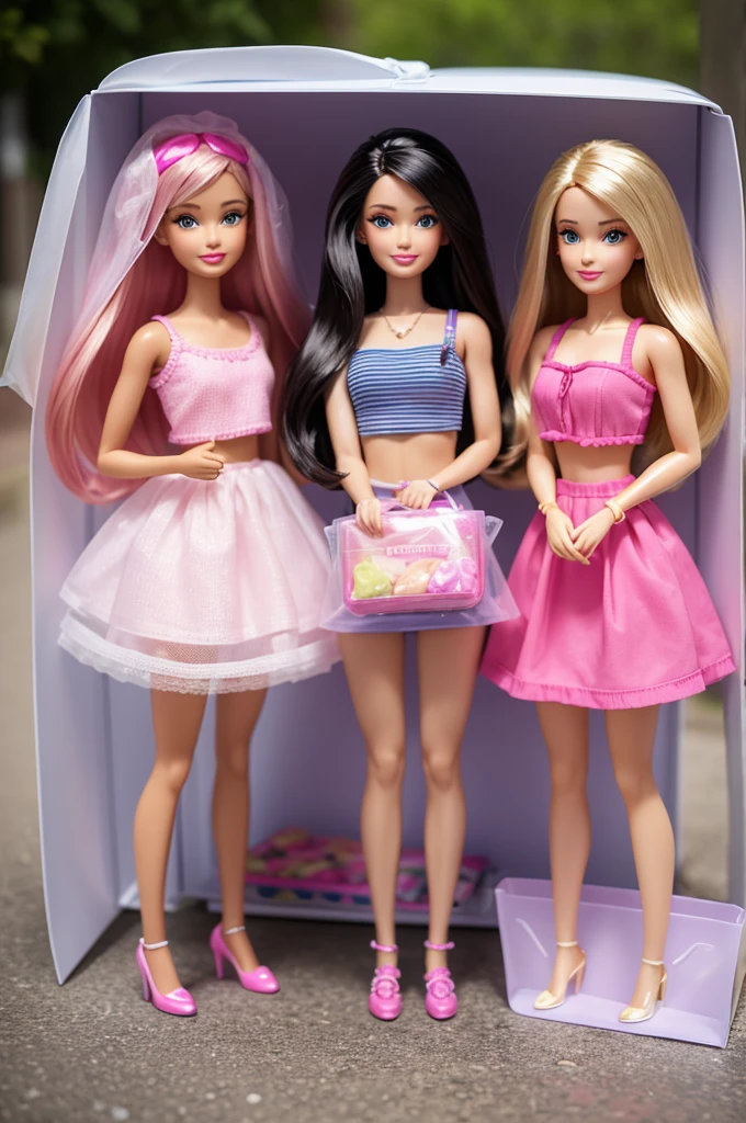 three barbie boxes in a single plastic bag, realism