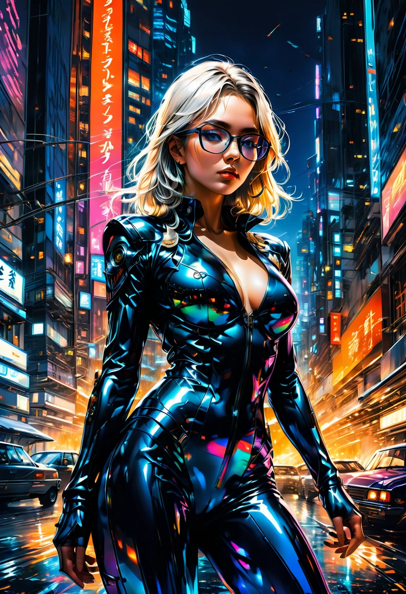Wearing Glasses, full body, by hajime sorayama, comic style, dramatic composition, cinematic dynamic action scene, vibrant colors, cinematic lighting, dramatic lighting, best quality, masterpiece, very aesthetic, perfect composition, intricate details, ultra-detailed