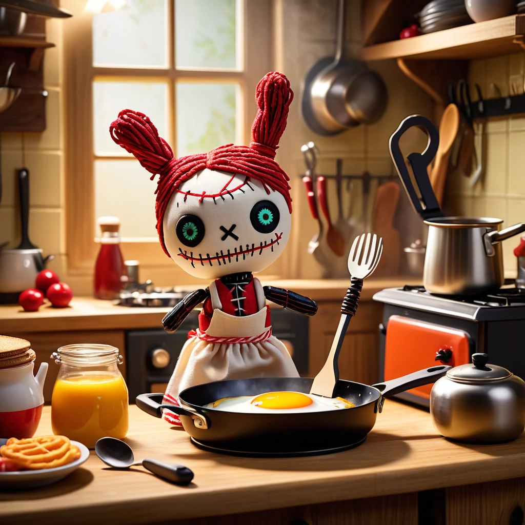 (knitted toy voodoo doll:1.5), (Voodoo Making Breakfast:1.3), (Clothing: apron:1.0), (Accessories: frying pan, spatula:1.1), (background: sunny kitchen with floating utensils, glowing stove, and delicious smells:1.2), best quality, masterpiece, detailed soft oil painting, detailed background, dramatic cinematic lighting, soft edge lighting, professional, dramatic lighting, hard edge lighting, ultra quality, 4k, masterpiece, best quality, 8k, ultra high definition, high resolution, extremely detailed