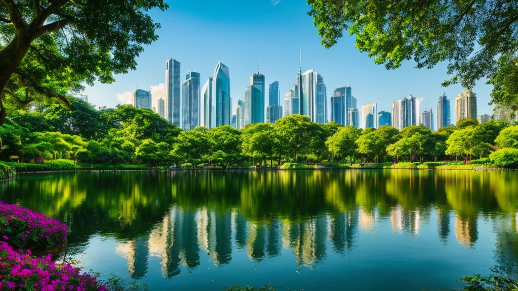 a beautiful big city in the middle of nature, a large metropolis surrounded by lush greenery, skyscrapers amidst towering trees, modern architecture blending seamlessly with natural landscapes, a vibrant cityscape with parks and gardens, a bustling city oasis, cityscape, urban landscape, photorealistic, 8k, high quality, detailed, cinematic lighting, vibrant colors, dramatic composition, stunning scenery, serene environment, lush foliage, tranquil atmosphere
