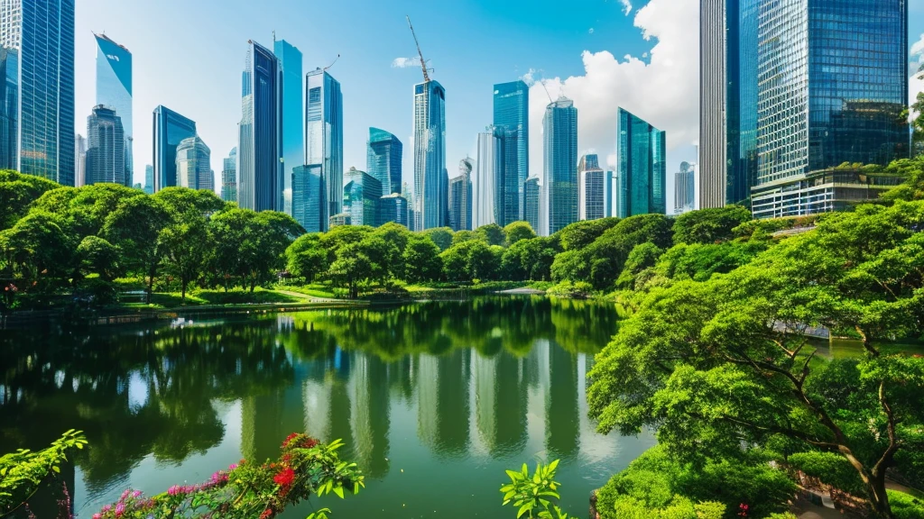 a beautiful big city in the middle of nature, a large metropolis surrounded by lush greenery, skyscrapers amidst towering trees, modern architecture blending seamlessly with natural landscapes, a vibrant cityscape with parks and gardens, a bustling city oasis, cityscape, urban landscape, photorealistic, 8k, high quality, detailed, cinematic lighting, vibrant colors, dramatic composition, stunning scenery, serene environment, lush foliage, tranquil atmosphere