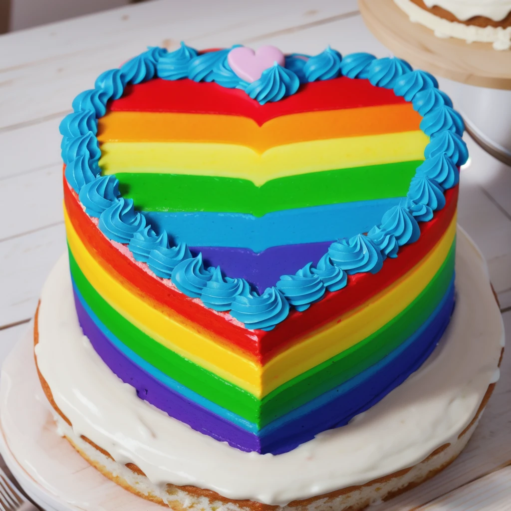 on a wooden table, worth a heart shaped cake, rainbow gradient cream cake, Cream cake , cream texture, Realistic style, realistic texture, bright lighting, high quality, detailed texture, Beautiful light from the window, beautiful lighting, high detail,  ultra 4k hd, bright lighting 