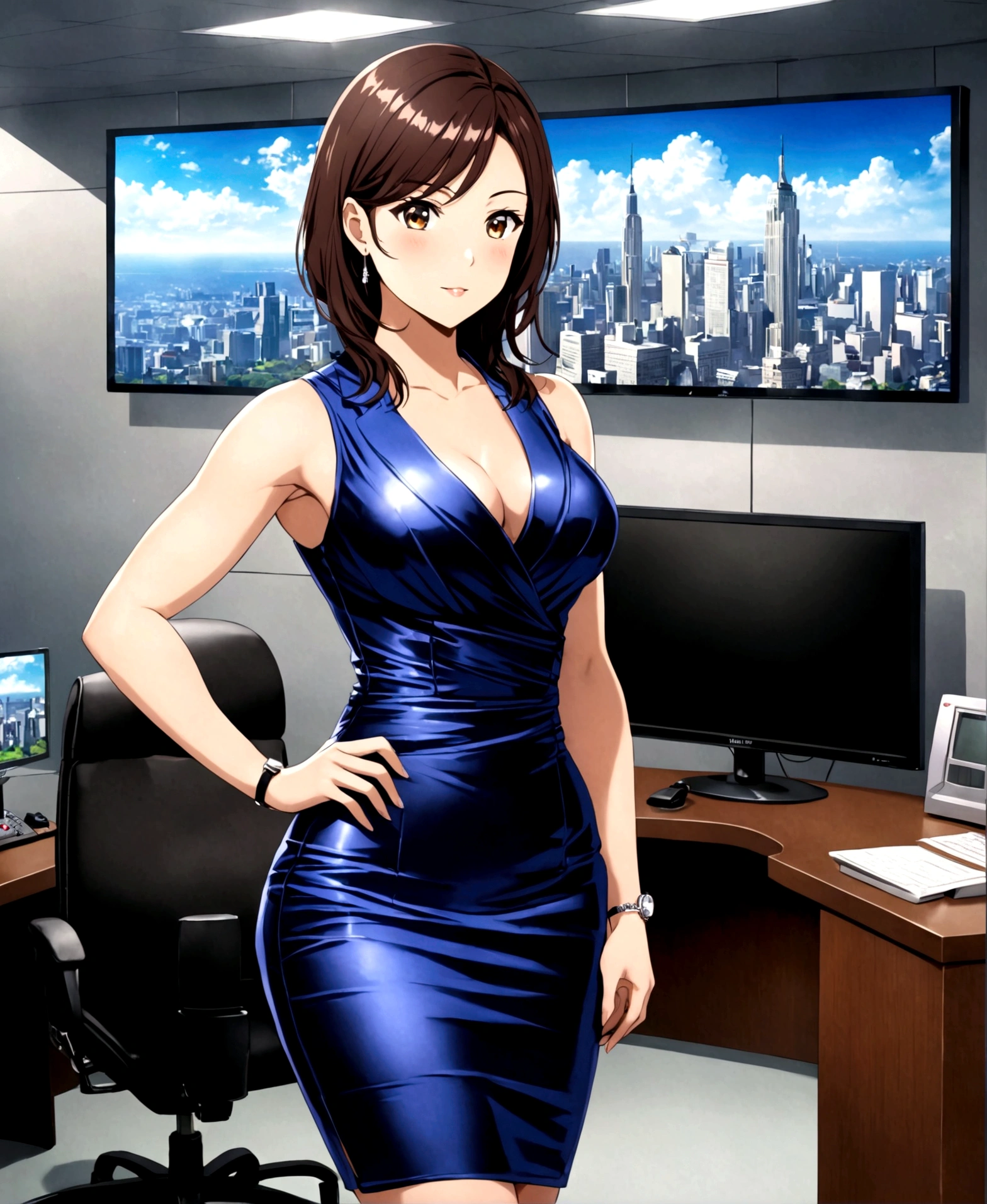 A beautiful woman, fitness body, wide hips, wide waist, hourglass athletic body, medium chest, formal wear, short fitted metallic colored low-cut full body short dress, in the office, in a TV station, weather reporter,