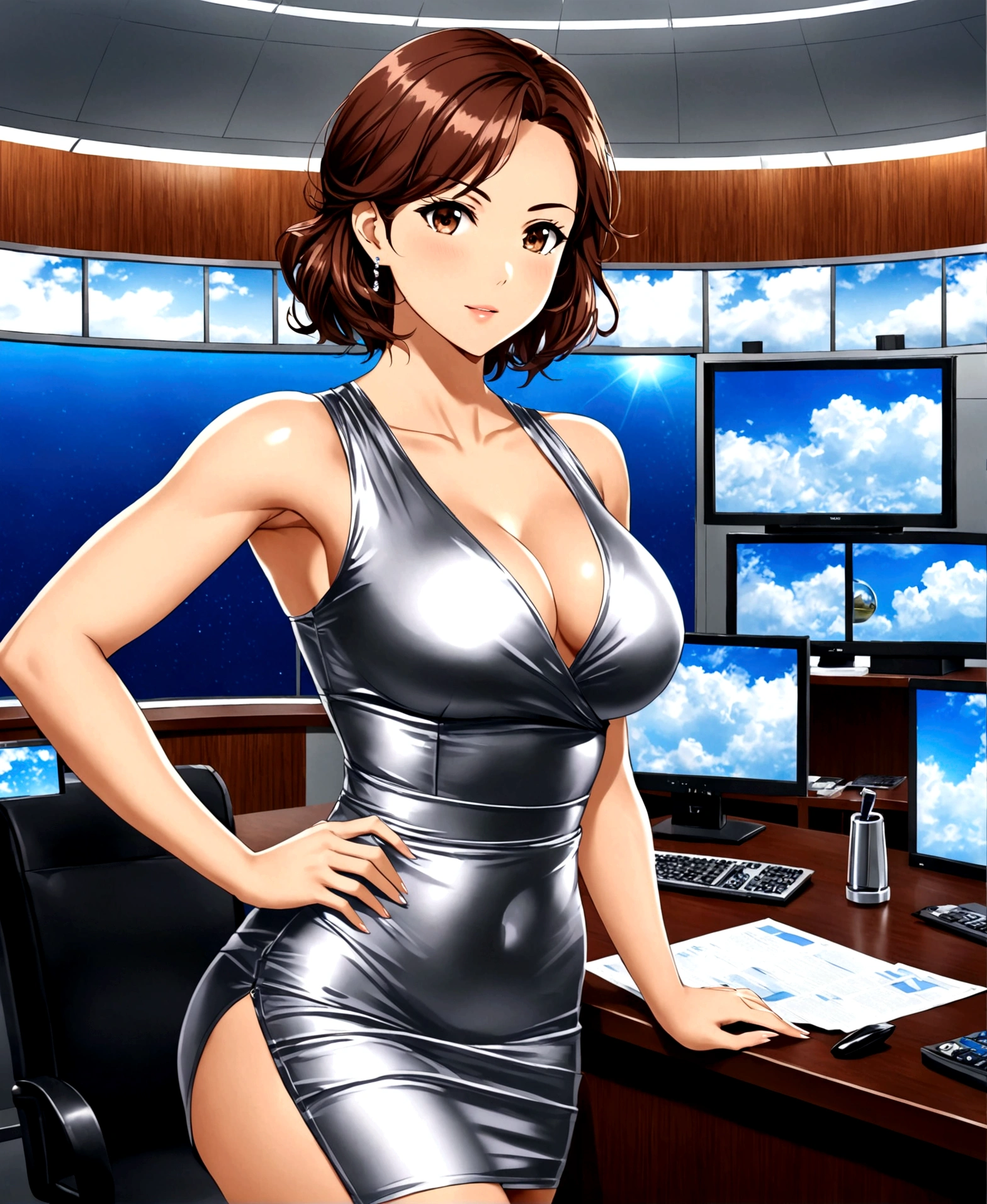 A beautiful woman, fitness body, wide , wide waist, hourglass athletic body, medium , formal wear, short fitted metallic colored low-cut full body short dress, in the office, in a TV station, weather reporter,