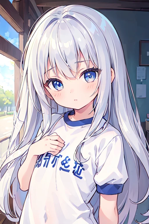 (best quality, masterpiece:1.2), ultra detailed, extremely detailed eyes and face, natural skin texture, detailed skin, natural lighting,
 chibi, 1 girl, -yeld, (c),
 silver hair, middle hair, straight hair, shiny hair,
 blue eyes,
 flat chest,
 gym uniform,
 upper body,