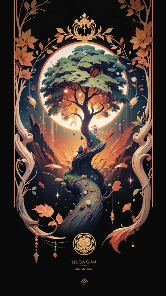 circular tree,four seasons,spring,summer,autumn,winter,leaves,roots,branches,trunk,ornate border,decorative,digital illustration,artwork,movement,time,swirling background,dark background,vibrant colors,natural,life cycle,growth,change,nature,life,peace,harmony,spirituality,symbolism,digital art,illustration,painting,graphic design,art,design,digital media,online art,visual art,fine art,fantasy