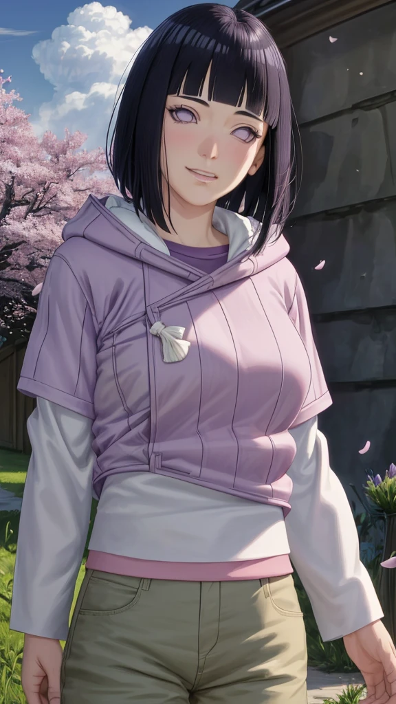 masterpiece, absurdres, hinata\(boruto\), 1girl, solo,mature female, purple hoodie,layered sleeves, brown pants,  outdoors,lavender flower field, looking at viewer, (falling petals), cloudy sky, perfect composition, detailed lips, big breast, beautiful face, body propotion, blush, (pink lips), long hair,  purple eyes,  soft gaze, sad smile,  super realistic, detailed, photoshoot, realistic face and body,  realistic hair, realistic eyes, realistic nose, realistic lips