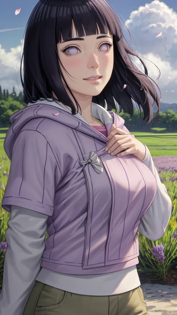 masterpiece, absurdres, hinata\(boruto\), 1girl, solo,mature female, purple hoodie,layered sleeves, brown pants, outdoors,lavender flower field, looking at viewer, (falling petals), cloudy sky, perfect composition, detailed lips, big breast, beautiful face, body propotion, blush, (pink lips), long hair, purple eyes, soft gaze, sad smile, super realistic, detailed, photoshoot, realistic face and body, realistic hair, realistic eyes, realistic nose, realistic lips