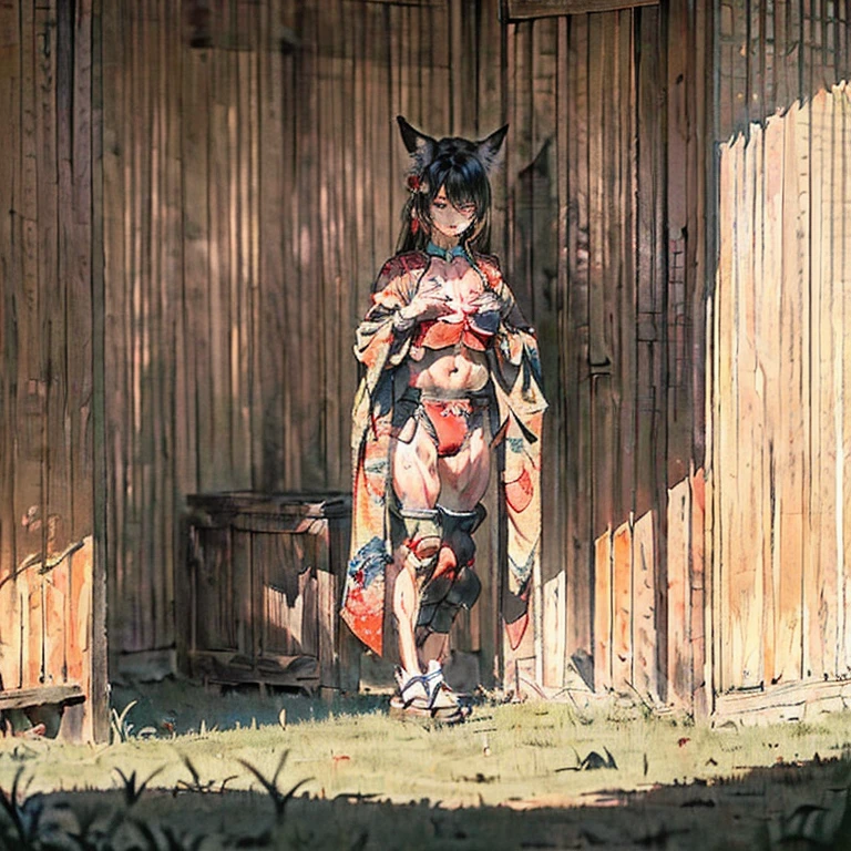 (Fox Girl, Fox Ears, Black colored hair, Fox Makeup, One Girl, Long Hair:1.6), (kimono, Kimono with open chest, A beautiful kimono with red and black patterns, I can see her cleavage, Open chest, Exposed skin:1.8), (Body measurements are 75-60-75!, Young girl body, Small breasts, Small breasts, Emphasize the chest, Knees are slightly visible, Muscular, Abdominal muscles, Hide your own chest with your hands:1.9), Avatar, face, lewd face, Dominant representation, naughty face, Uplifting, Skin Texture, outside, Grassy field