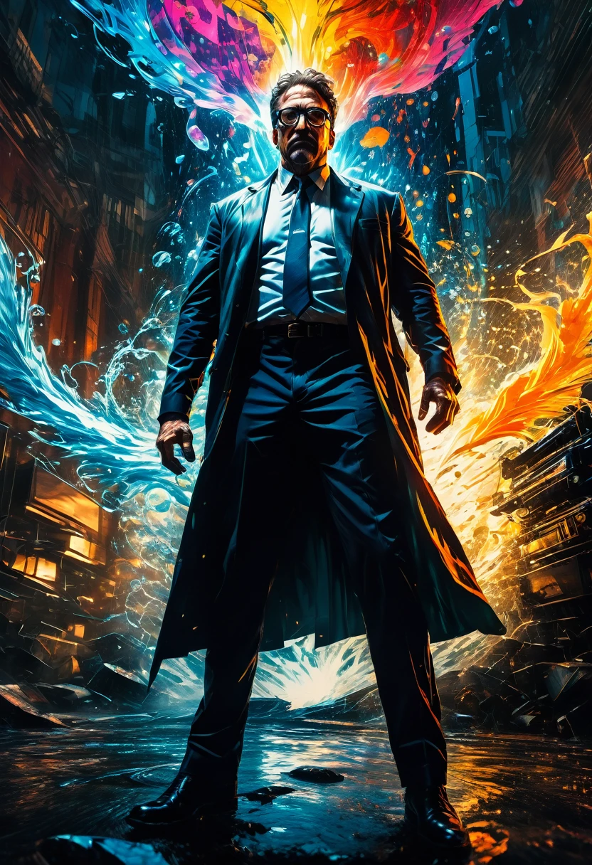 Wearing Glasses, full body, by Frank Miller, comic style, dramatic composition, cinematic dynamic action scene, vibrant colors, cinematic lighting, dramatic lighting, best quality, masterpiece, very aesthetic, perfect composition, intricate details, ultra-detailed