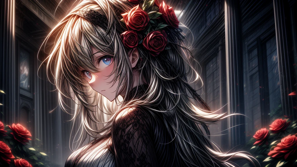 A age girl,Wilted roses,Gothic,White hair,Hyper-Resolution,Accuracy,detail render,(Delicate Face Portrayal)(Fine hair depiction)(Best quality at best)(tmasterpiece)(High degree of completion)(a sense of atmosphere)tmasterpiece,ultra - detailed(bust)style of anime