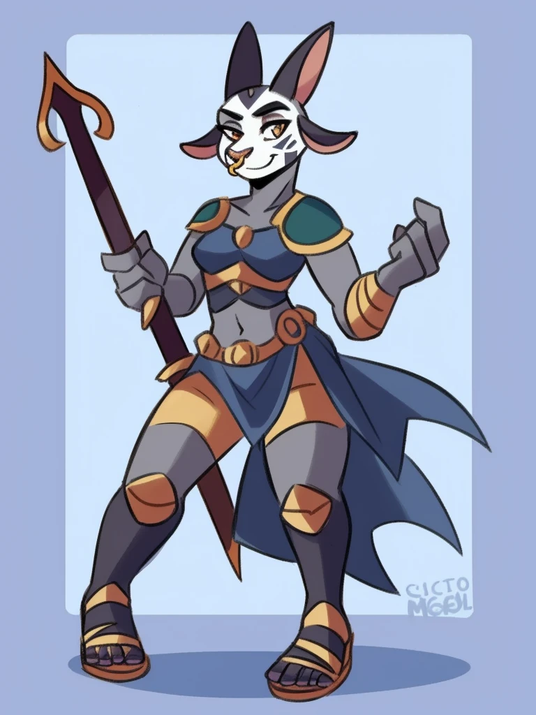 1girl, furry, furry_female, goat_ears, goat_girl, smile, solo, wearing armor, gladiator flat sandals, gladiator skirt, humanoid feet, holding sword, nose ring, septum piercing ring, facepaint