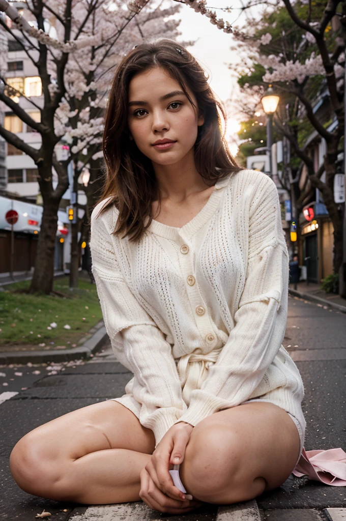 Female supermodel. White sweater. Sitting in the middle of road. Dim, soft lighting. Sunset. Meguro River Cherry Blossoms Promenade, Tokyo, Japan.