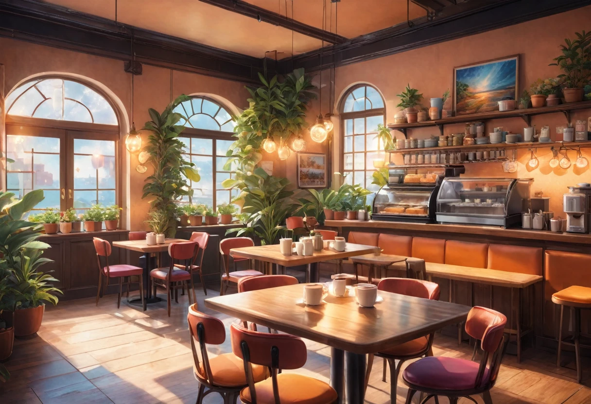 Anime-style, the interior of a coffee shop is illustrated with intricate details and vibrant colors. Delicate steam rises from the hot cappuccino coffee on the table, seats are with soft and colorful cushions, a lot of potted plants, adding to the cozy and inviting atmosphere. Soft lighting casts a warm and beautiful glow over the dreamy scene, it's evening time, making it an ideal place to unwind and escape reality. (Prompt B and C) Anime-style coffee shop interior, hot coffee steaming on the table, creating a cozy, beautiful and dreamy ambiance. (High resolution, 8k) Super detailed anime illustration of a coffee shop interior, showcasing a hot cup of coffee on a table, evoking a warm and cozy