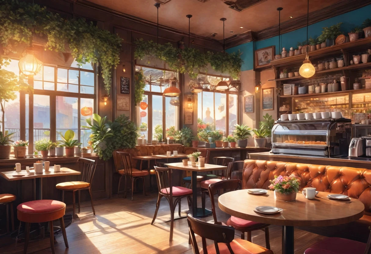 Anime-style, the interior of a coffee shop is illustrated with intricate details and vibrant colors. Delicate steam rises from the hot cappuccino coffee on the table, seats are with soft and colorful cushions, a lot of potted plants, adding to the cozy and inviting atmosphere. Soft lighting casts a warm and beautiful glow over the dreamy scene, it's evening time, making it an ideal place to unwind and escape reality. (Prompt B and C) Anime-style coffee shop interior, hot coffee steaming on the table, creating a cozy, beautiful and dreamy ambiance. (High resolution, 8k) Super detailed anime illustration of a coffee shop interior, showcasing a hot cup of coffee on a table, evoking a warm and cozy