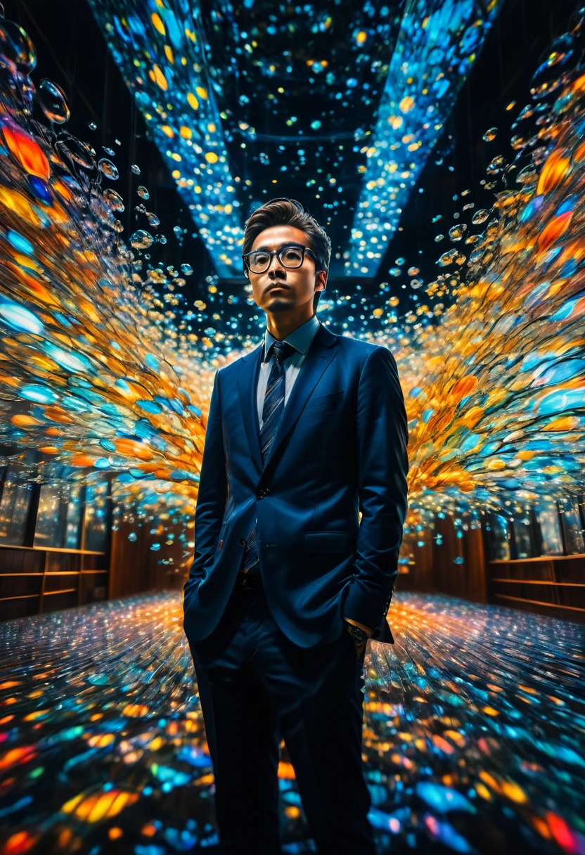 Wearing Glasses, full body, by Yoshitomo Nara, dramatic composition, cinematic dynamic action scene, vibrant colors, cinematic lighting, dramatic lighting, best quality, masterpiece, very aesthetic, perfect composition, intricate details, ultra-detailed