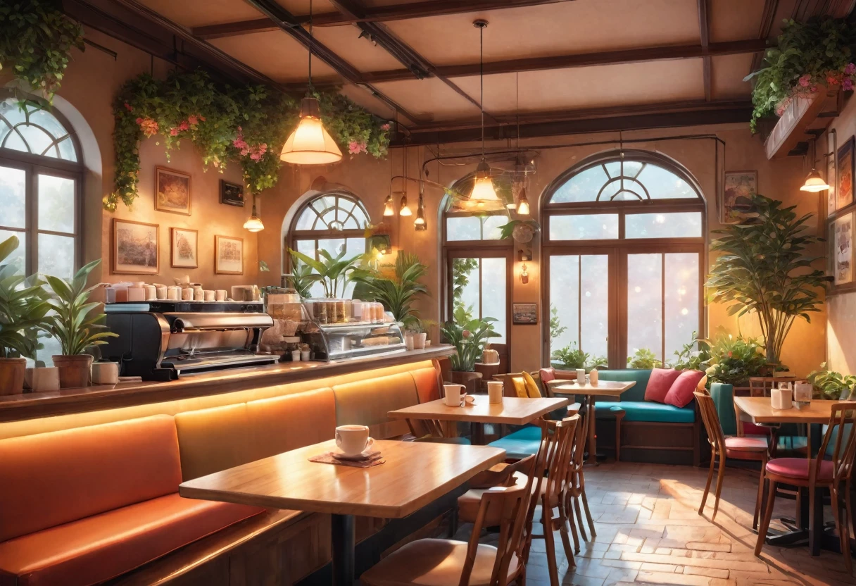 Anime-style, the interior of a coffee shop is illustrated with intricate details and vibrant colors. Delicate steam rises from the hot cappuccino coffee on the table, seats are with soft and colorful cushions, a lot of potted plants, adding to the cozy and inviting atmosphere. Soft lighting casts a warm and beautiful glow over the dreamy scene, it's evening time, making it an ideal place to unwind and escape reality. (Prompt B and C) Anime-style coffee shop interior, hot coffee steaming on the table, creating a cozy, beautiful and dreamy ambiance. (High resolution, 8k) Super detailed anime illustration of a coffee shop interior, showcasing a hot cup of coffee on a table, evoking a warm and cozy