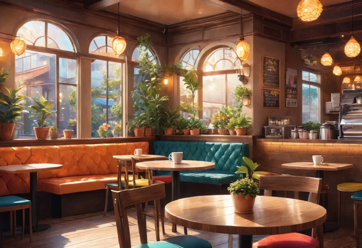 Anime-style, the interior of a coffee shop is illustrated with intricate details and vibrant colors. Delicate steam rises from the hot cappuccino coffee on the table, seats are with soft and colorful cushions, a lot of potted plants, adding to the cozy and inviting atmosphere. Soft lighting casts a warm and beautiful glow over the dreamy scene, it's evening time, making it an ideal place to unwind and escape reality. (Prompt B and C) Anime-style coffee shop interior, hot coffee steaming on the table, creating a cozy, beautiful and dreamy ambiance. (High resolution, 8k) Super detailed anime illustration of a coffee shop interior, showcasing a hot cup of coffee on a table, evoking a warm and cozy